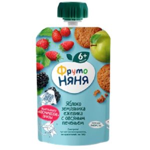Hoa quả nghiền Fruto táo dâu tây, mâm xôi, bích quy 6m+ (Bịch)